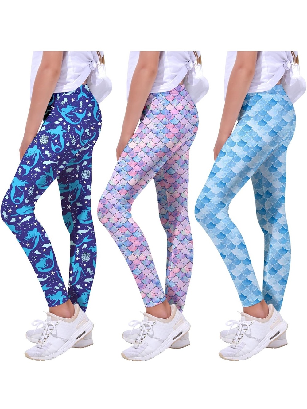 Girls Mermaid Print Leggings - Blue / Pink / Aqua- sold as set of 3 leggings